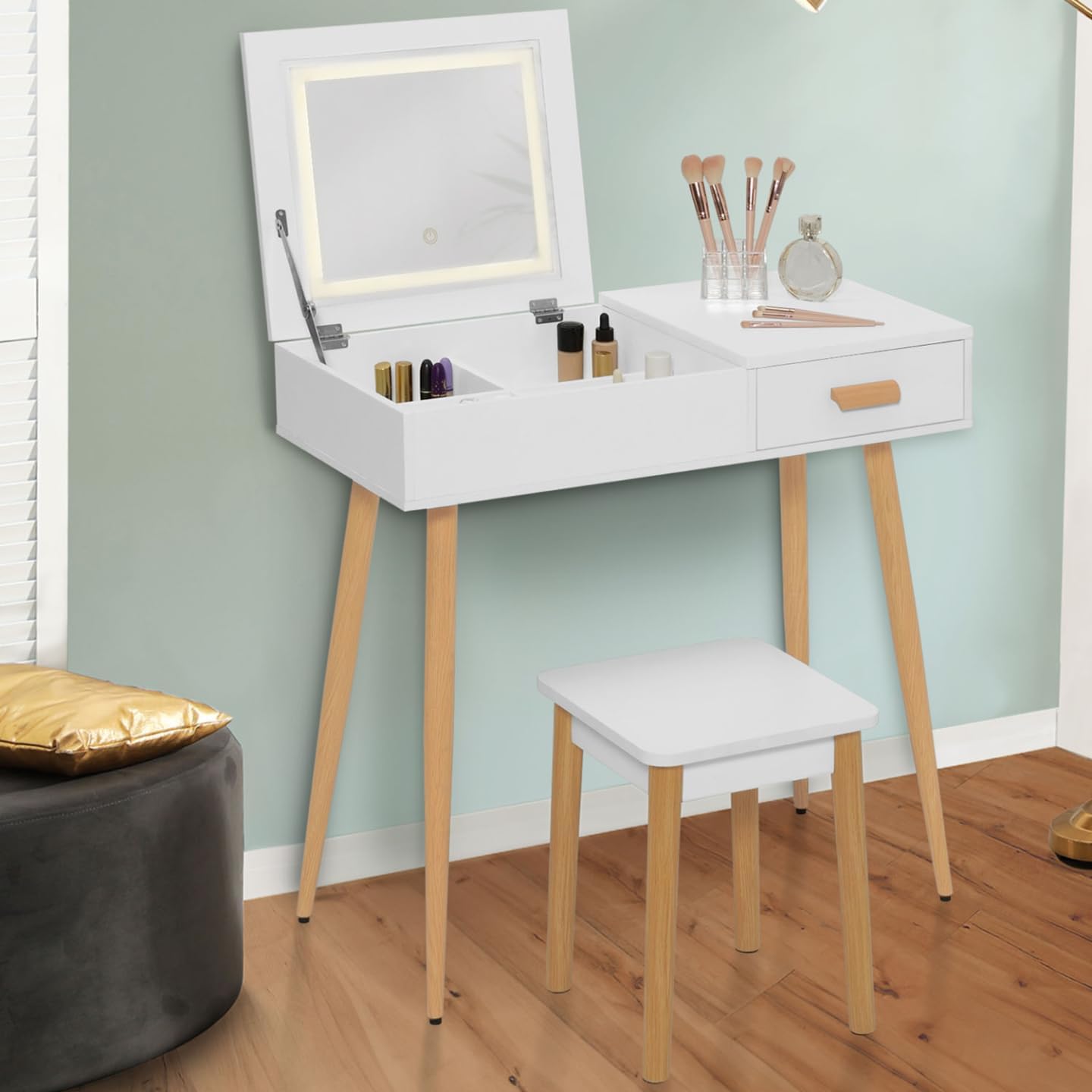Coiffeuse moderne avec miroir rabattable Led scandinave