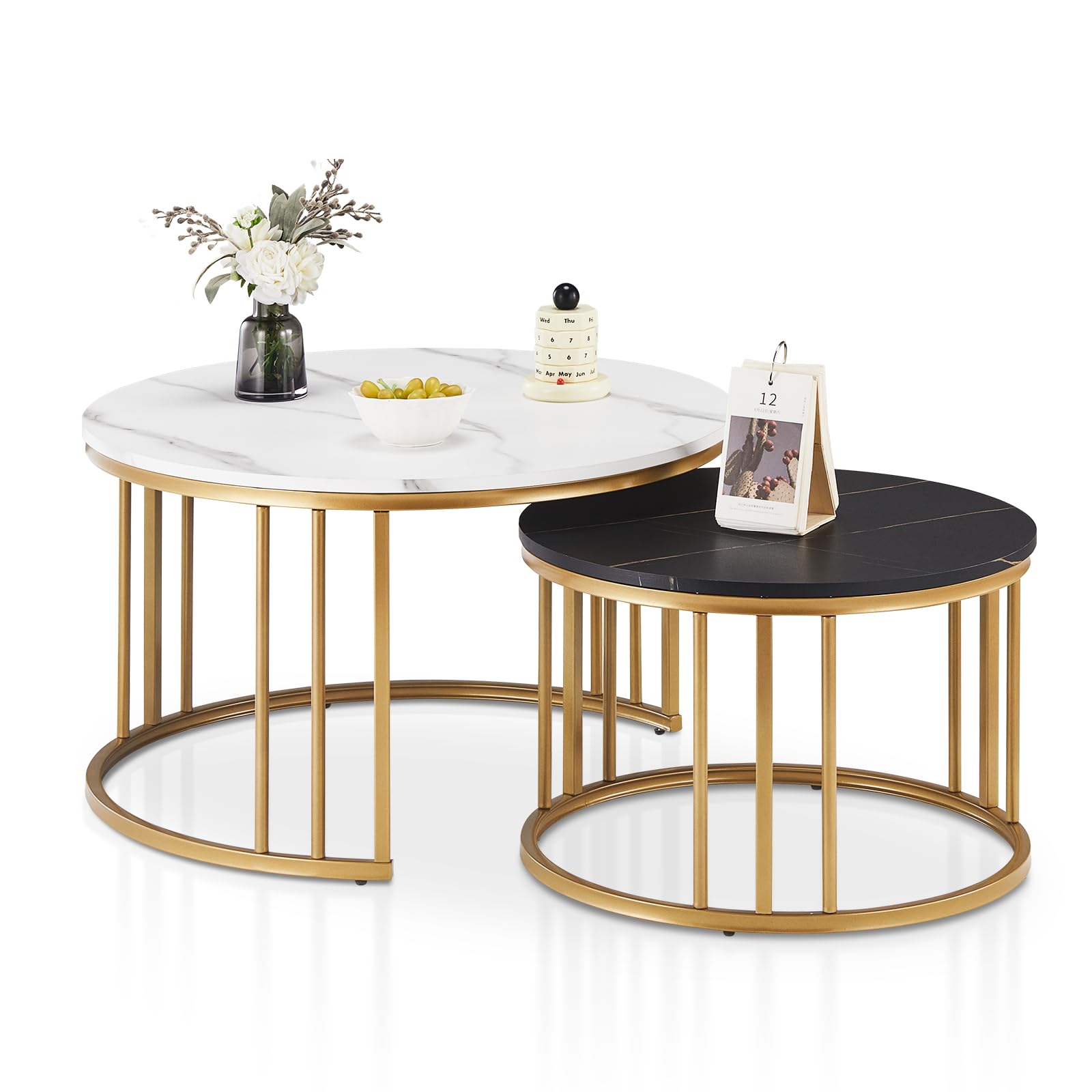 Table basse rond avec Effet marbre empilable en Structure en métal doré