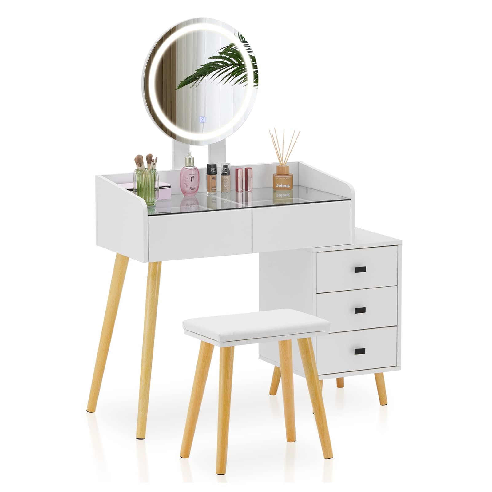 Coiffeuse transparente avec miroir Led et Tabouret
