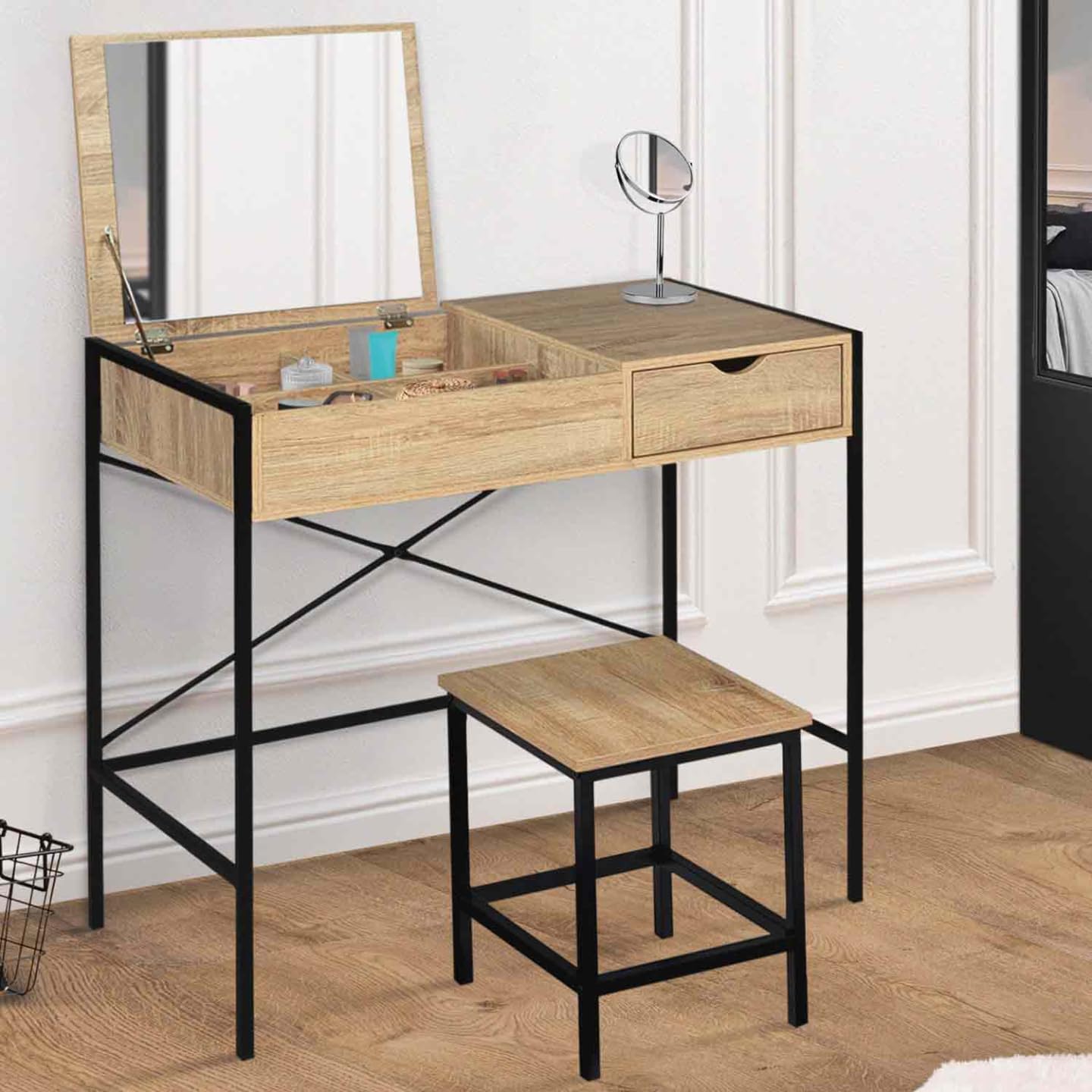 Coiffeuse moderne avec miroir rabattable en bois avec tabouret