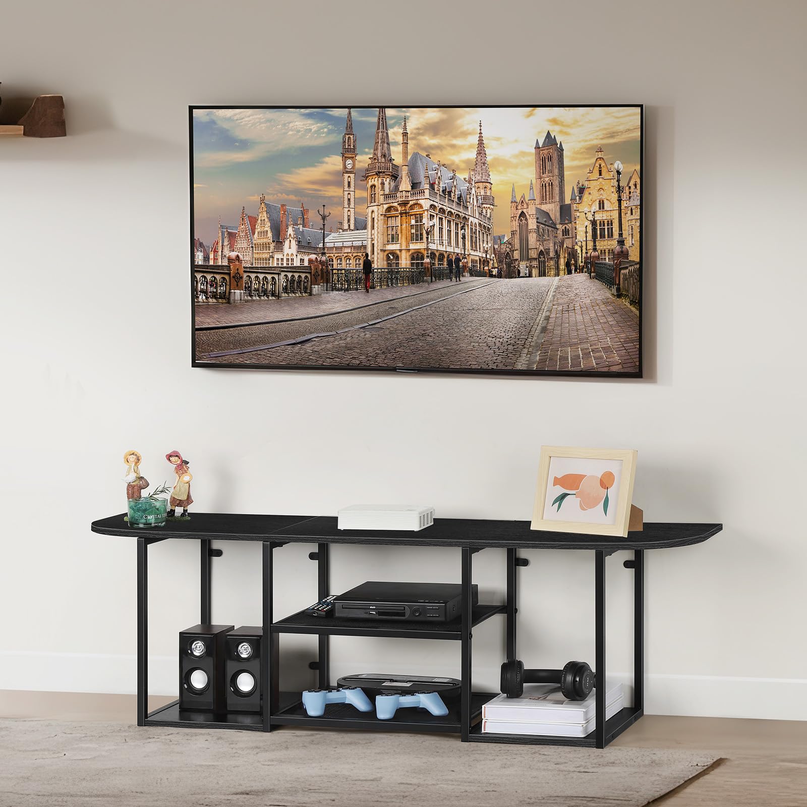 UOMIO Meuble TV flottant avec étagères ouvertes, meuble TV moderne, noir, 120 cm, console de divertissement murale pour salon, console multimédia robuste à compartiments multiples