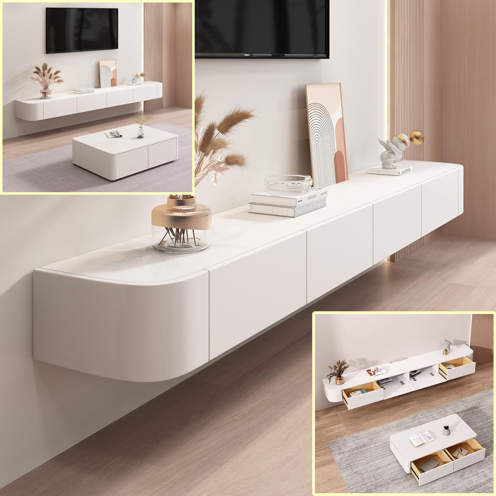 XDXINY Meuble TV suspendu en bois massif pour salon, maison, table basse, meuble TV de 140, 160, 180, 200, 220, 240 cm, plusieurs tailles disponibles (Noir, 140 x 20 x 24 cm)