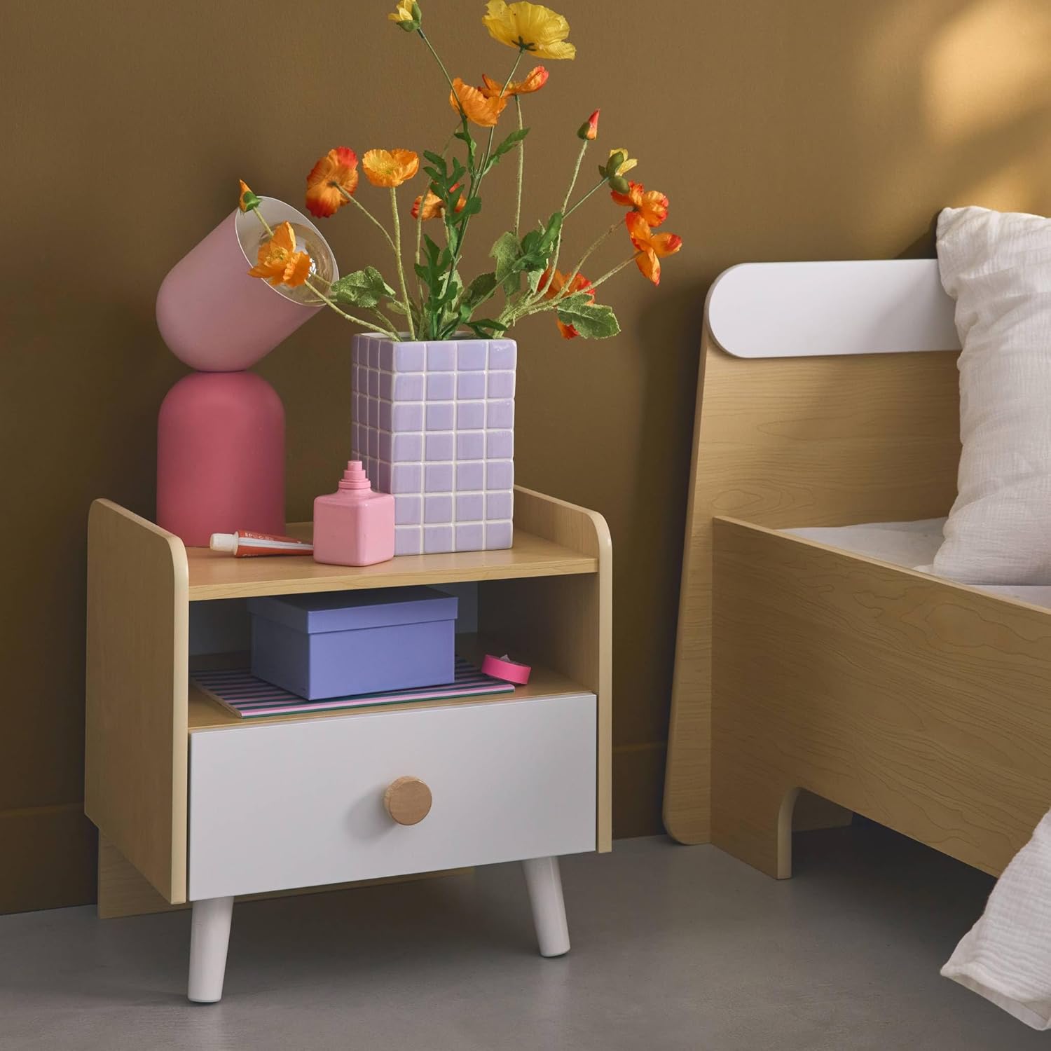 Table de chevet blanche rectangle Enfant Effet Bois