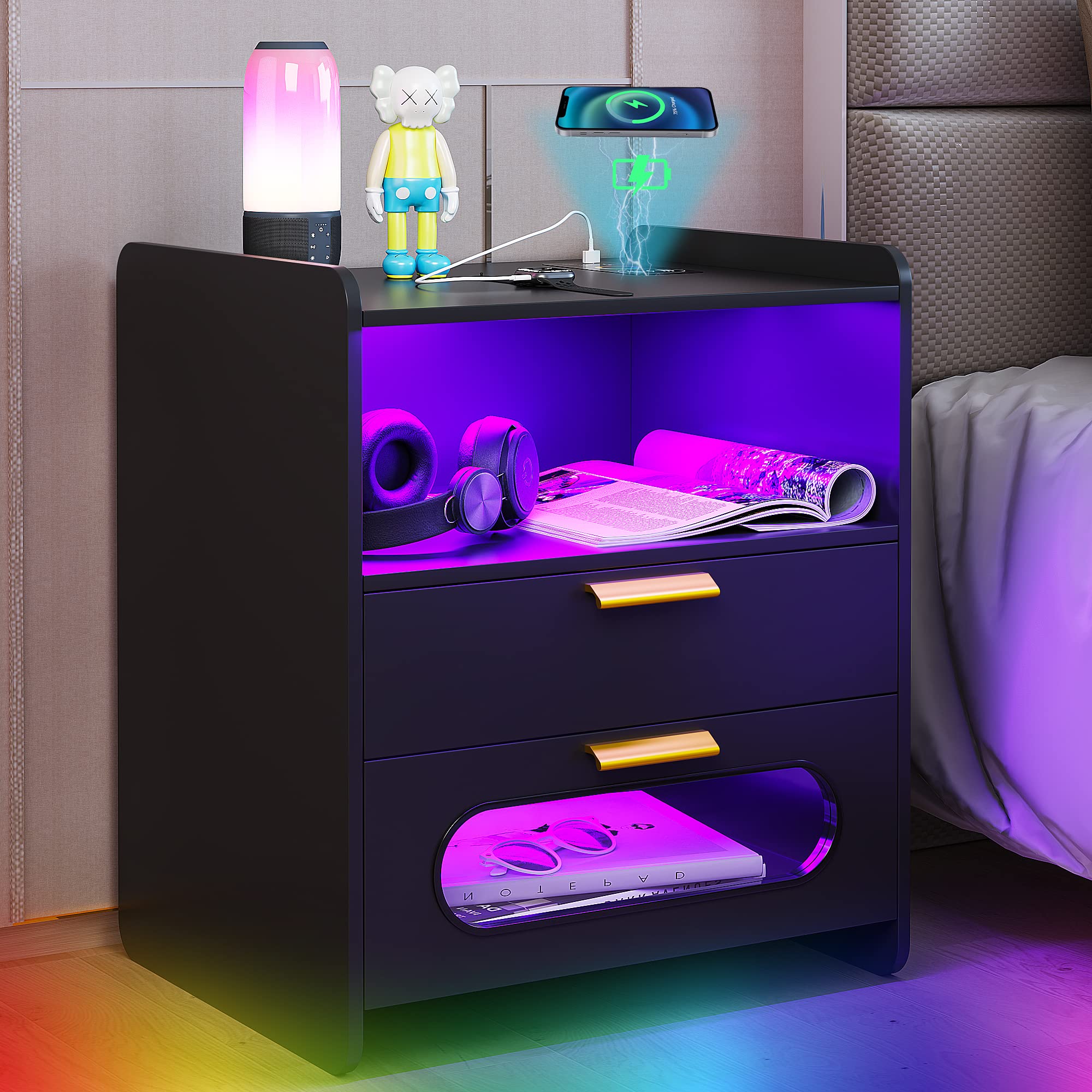 Table de chevet LED avec station de charge