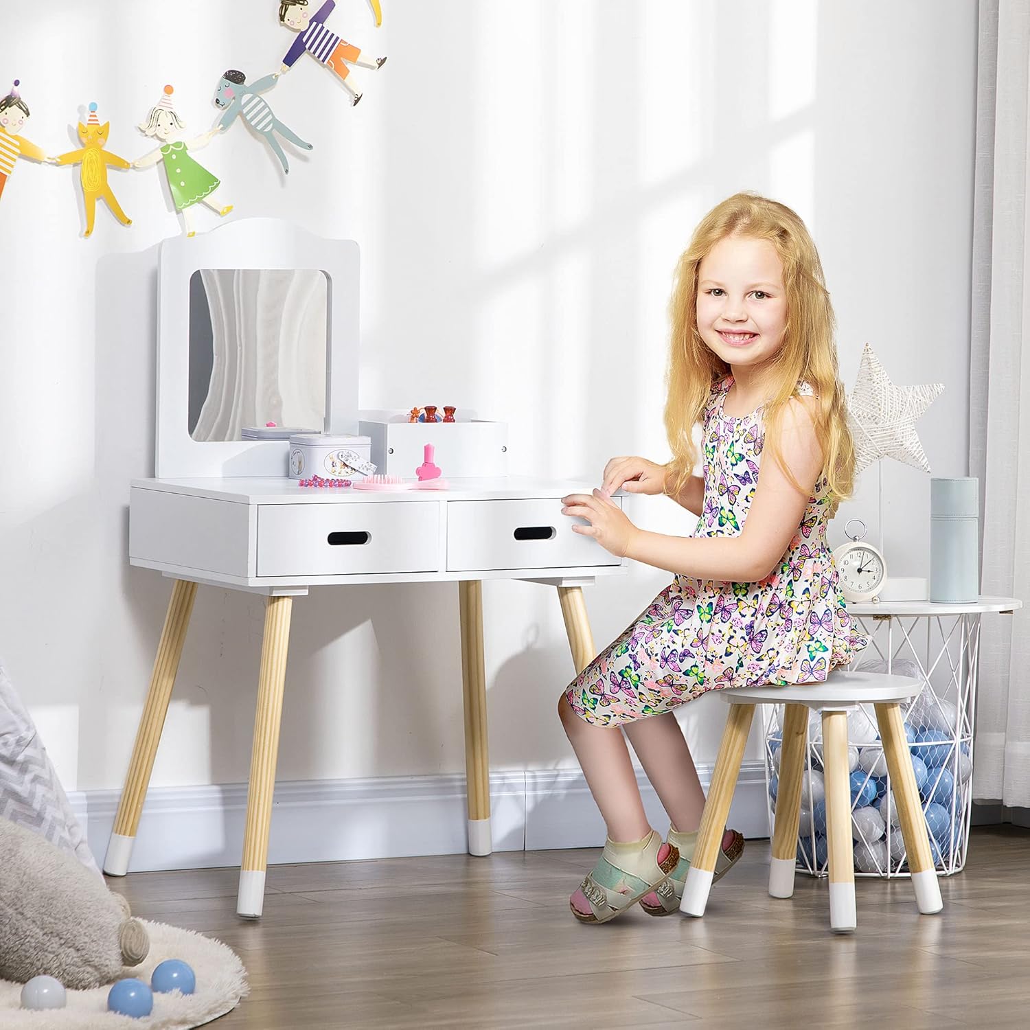 Coiffeuse enfant avec miroir en bois blanc
