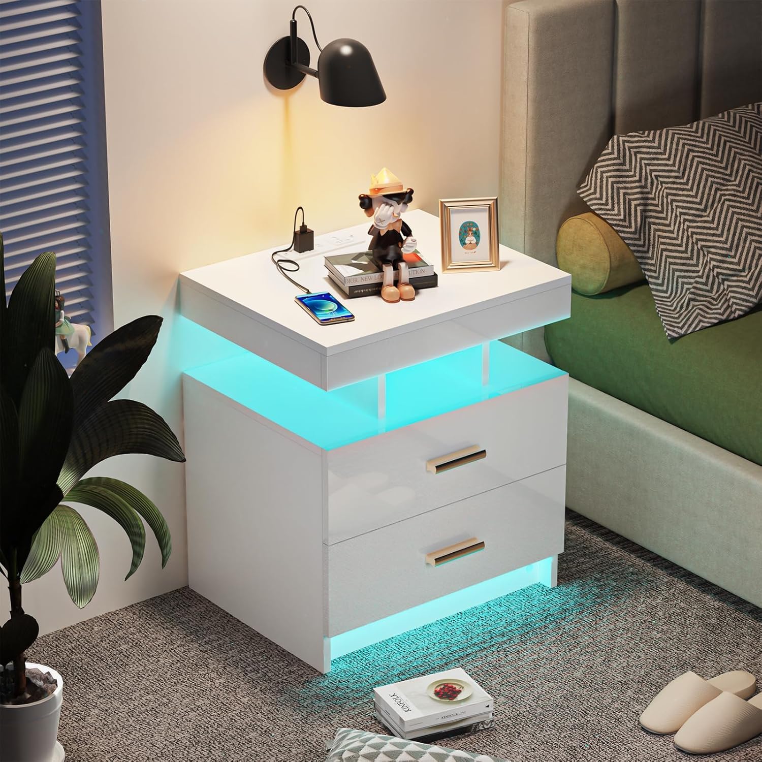 Table de chevet rectangle LED avec 2 Ports et 2 Prises USB