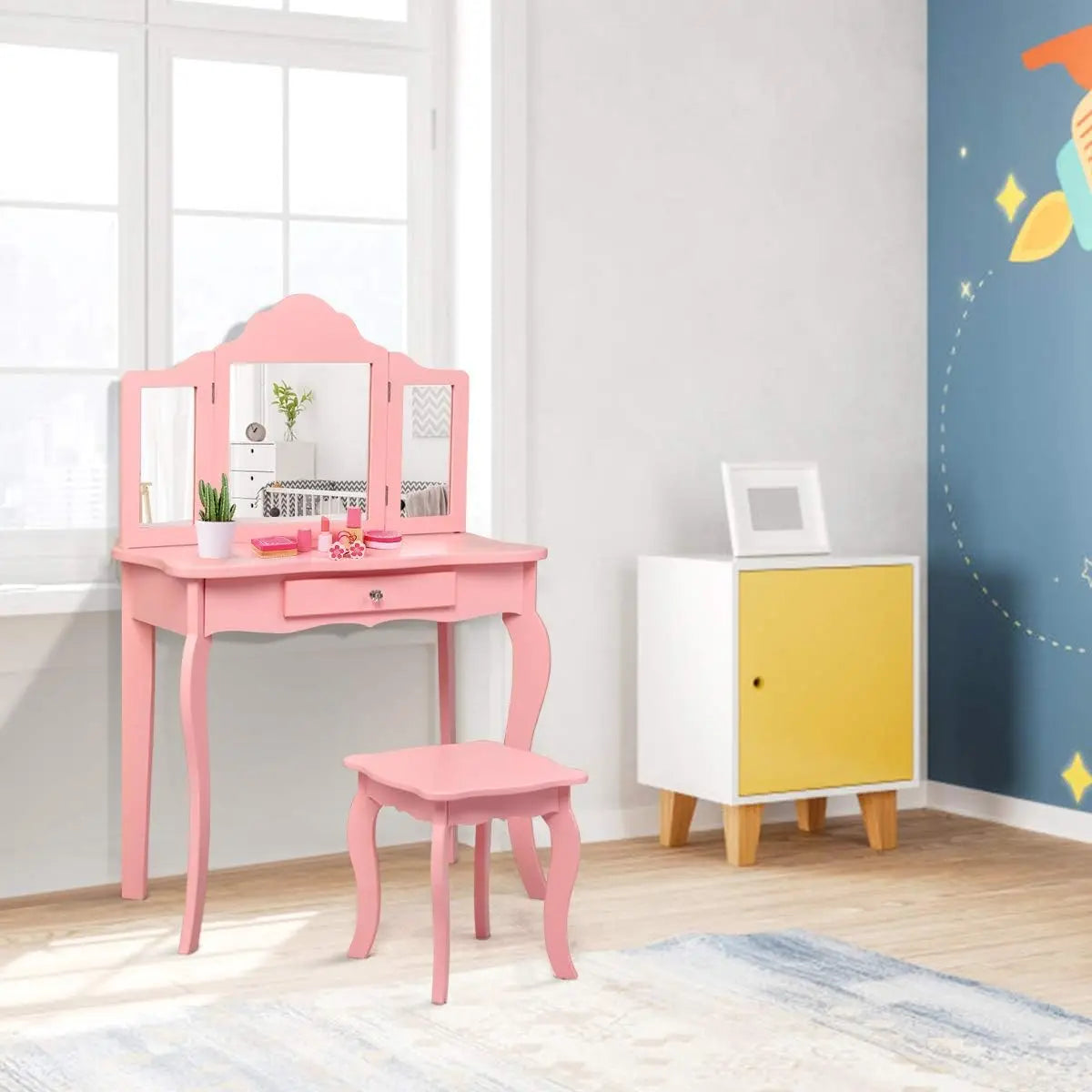 Coiffeuse d'enfant avec tabouret en bois rose