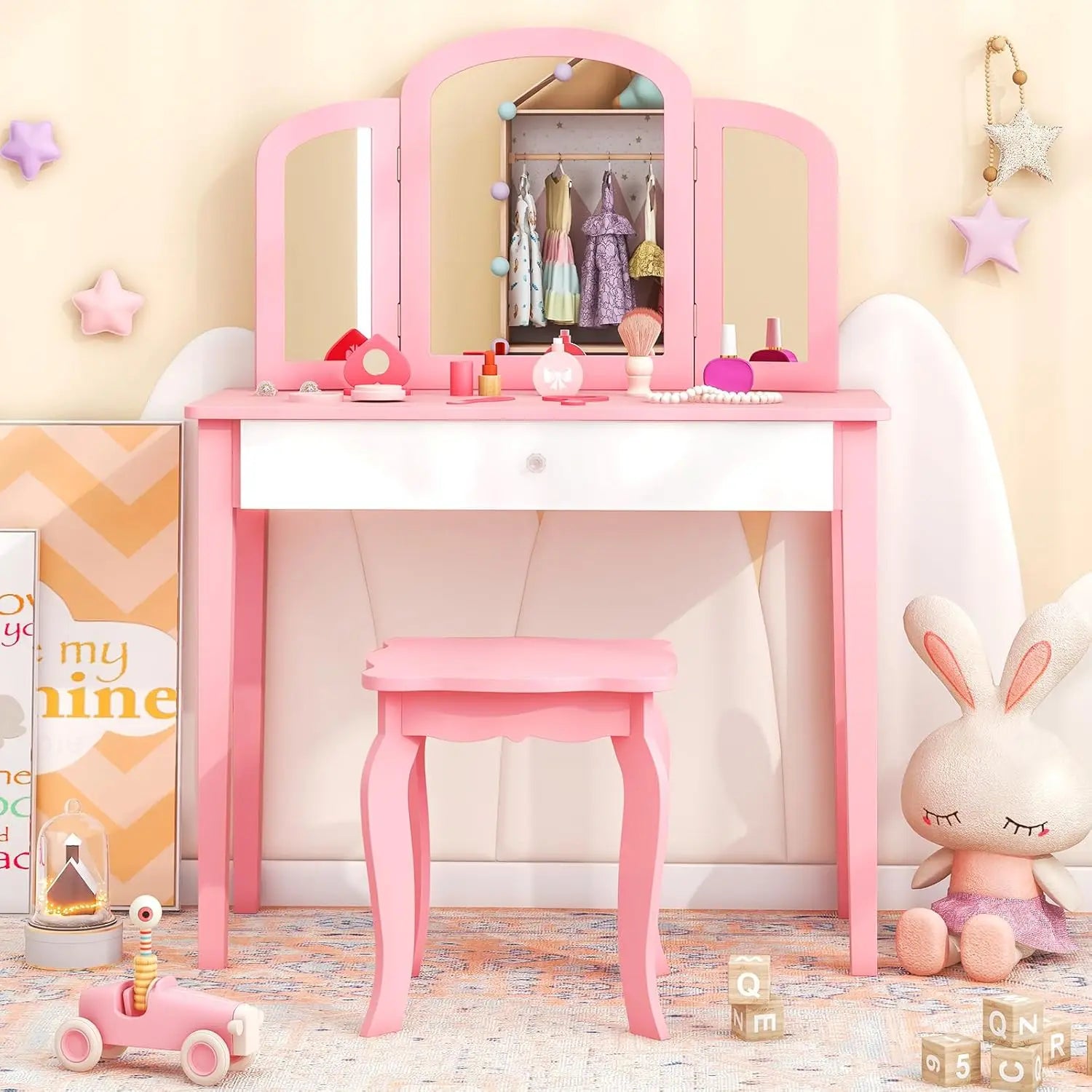 Coiffeuse enfant avec miroir et tabouret 