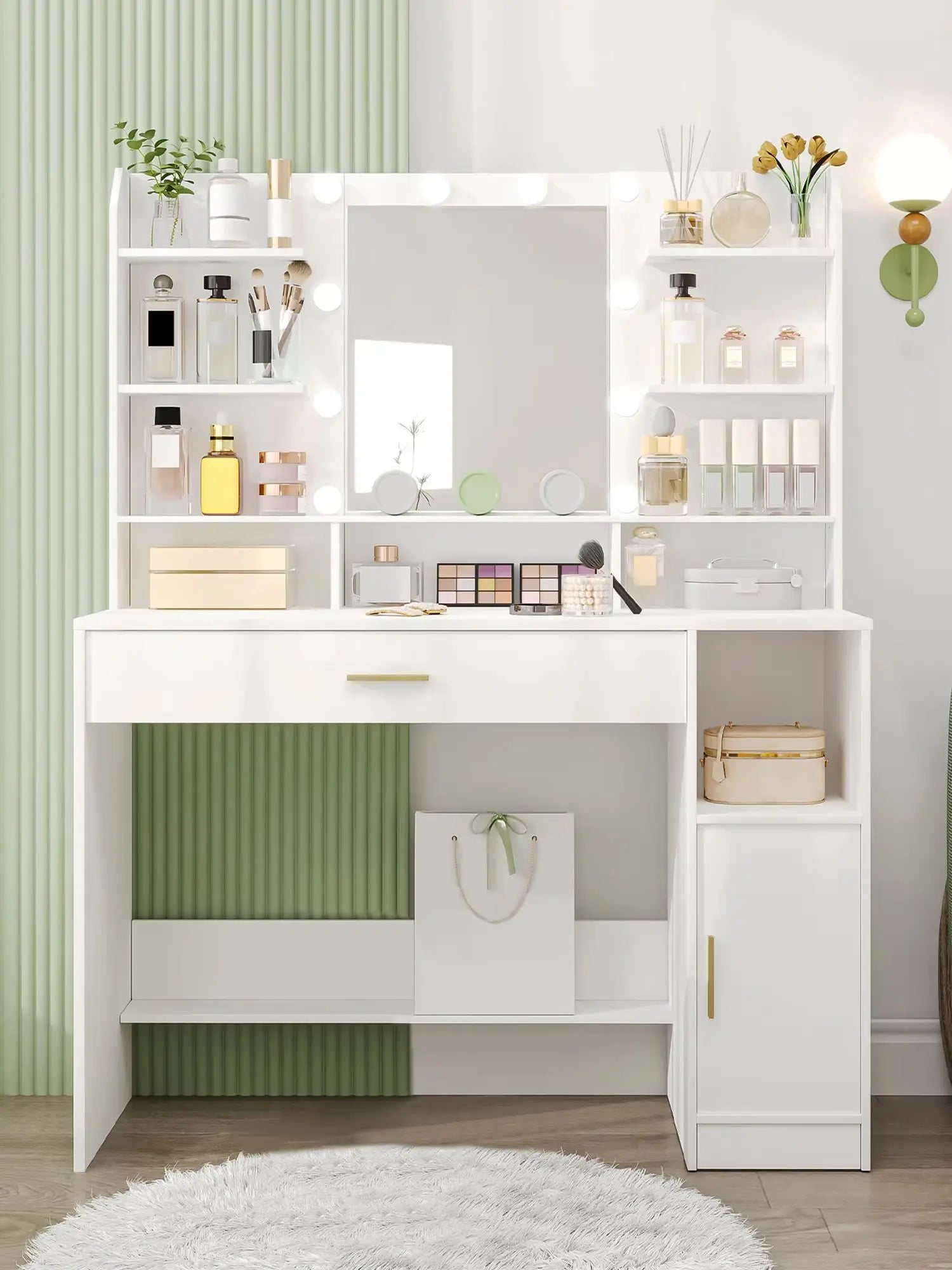 Coiffeuse moderne avec miroir LED en bois blanc