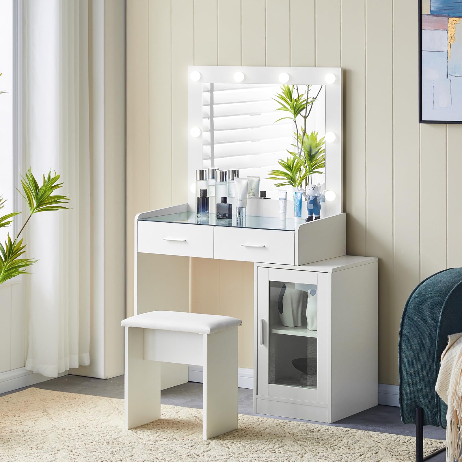 Coiffeuse transparente avec miroir Led  blanc