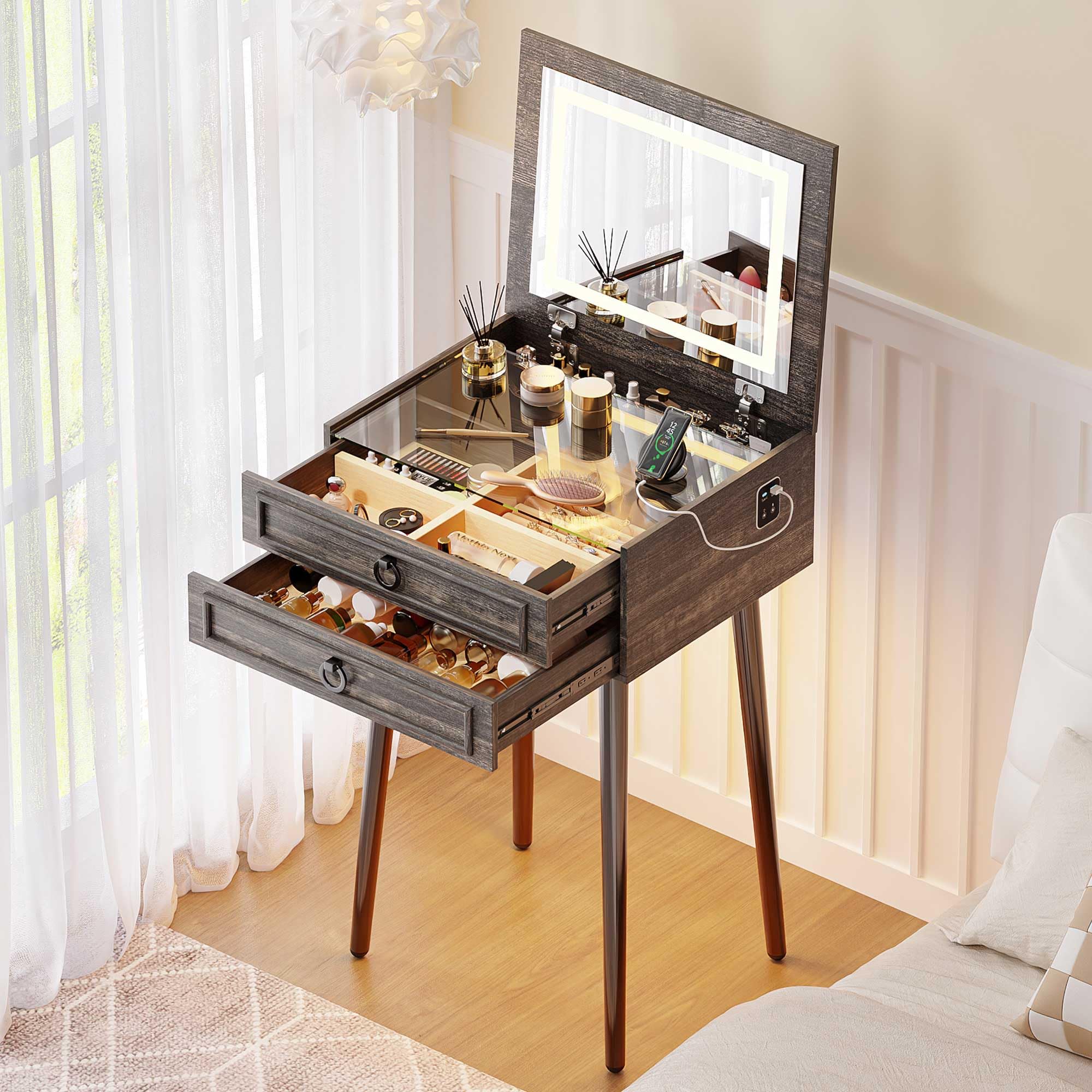 Coiffeuse transparente meuble moderne LED en bois