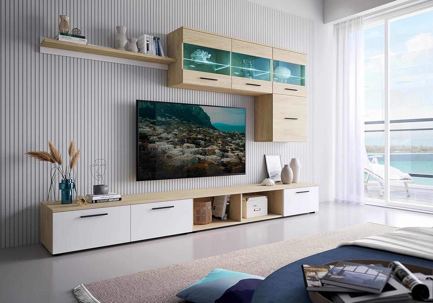 Ensemble meuble tv bois et blanc