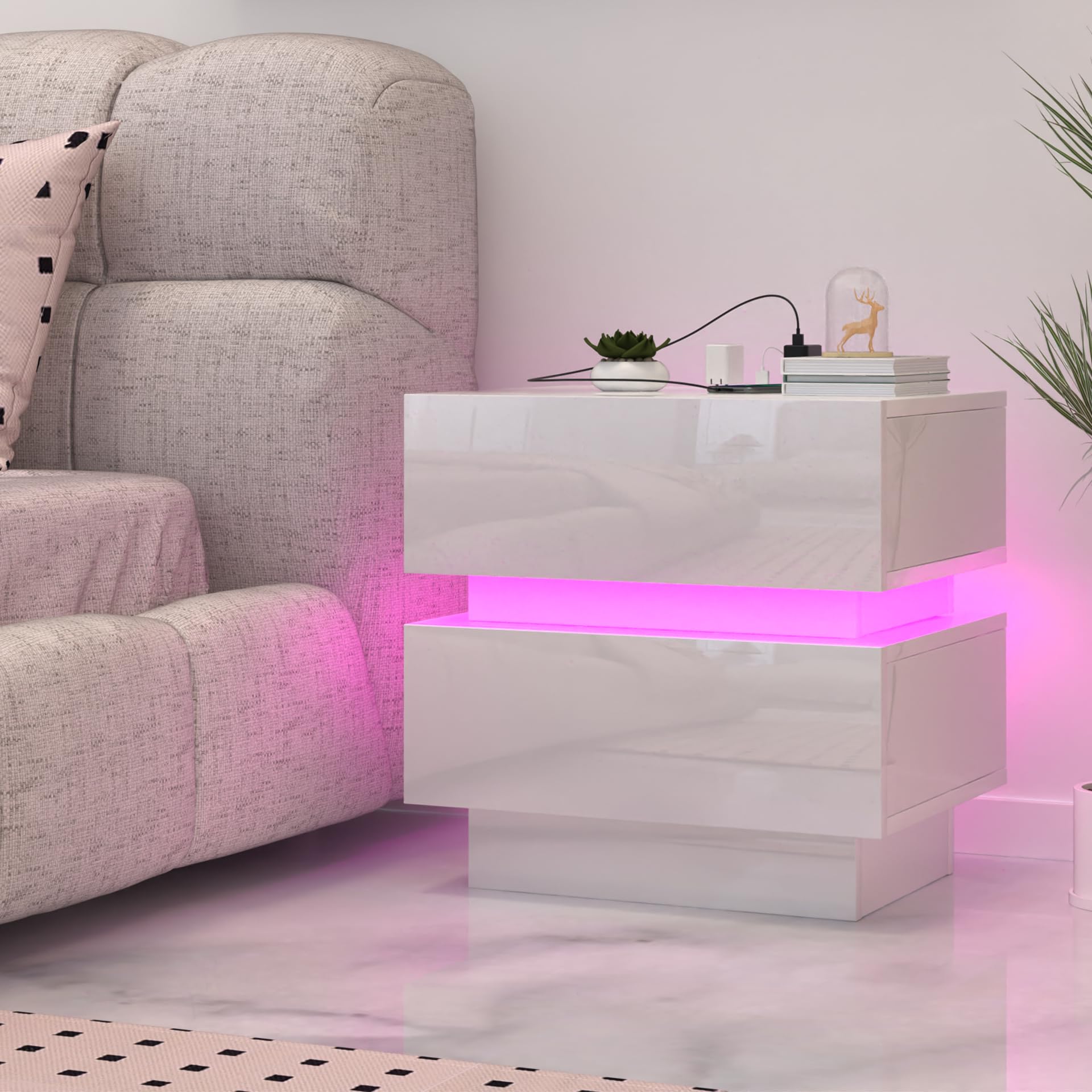 Lot de 2 table de chevet avec Station de Charge avec LED 