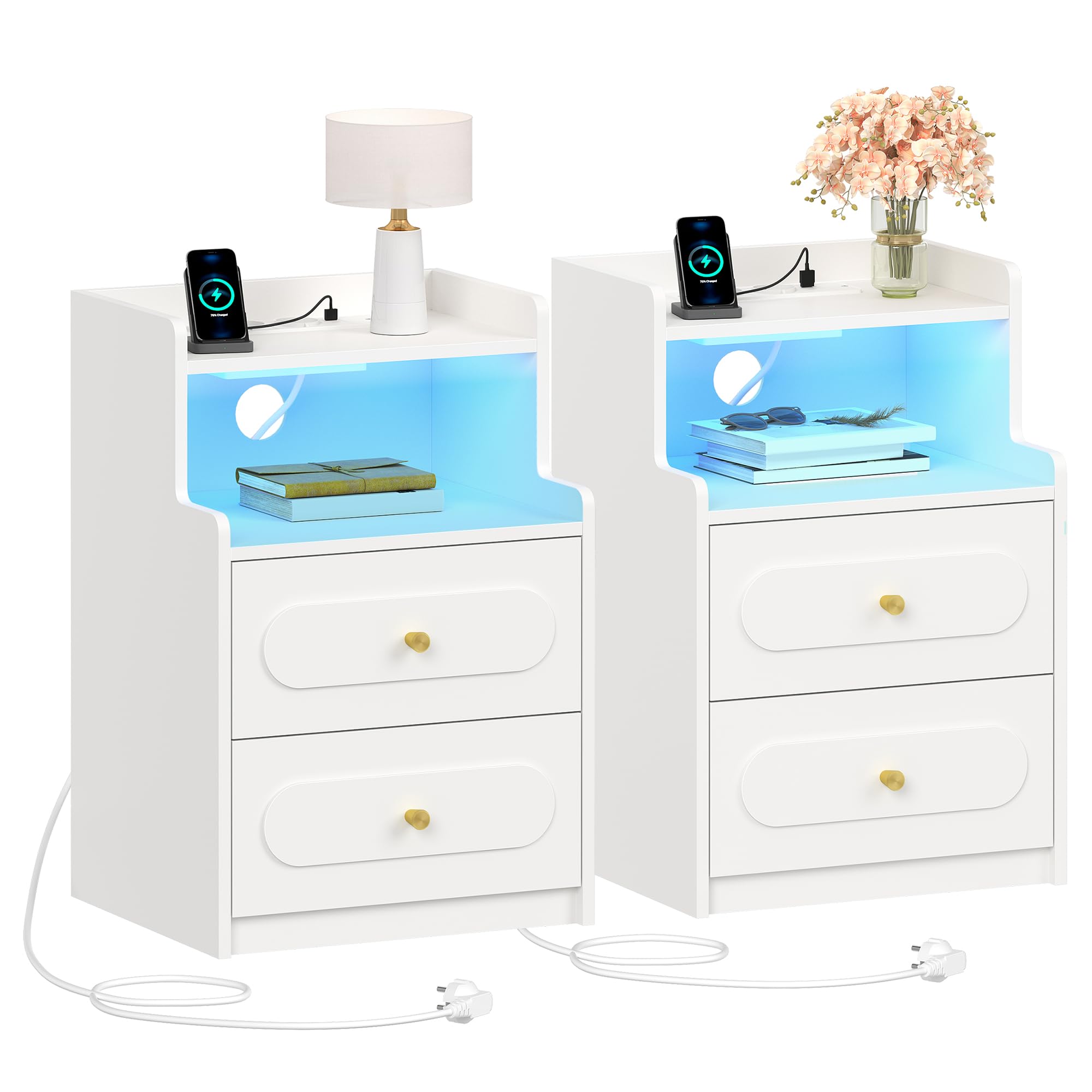 Lot de 2 table de chevet scandinave avec Lumière LED et Multiprise