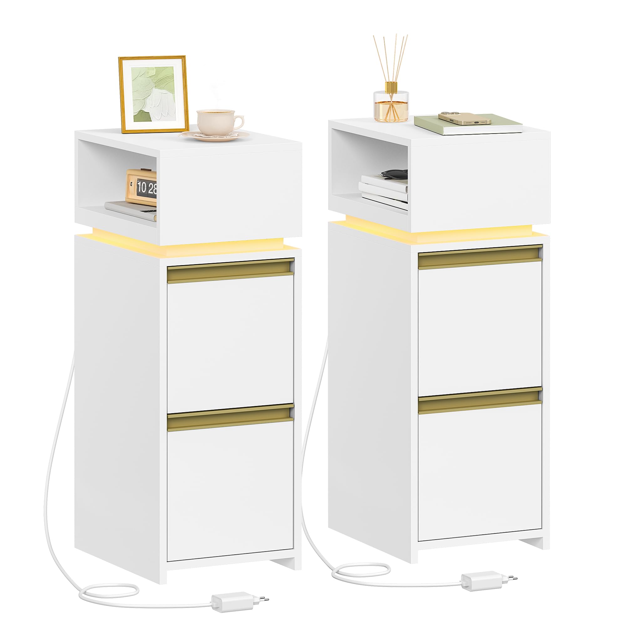 Lot de 2 tables de chevet scandinave avec Lumière LED