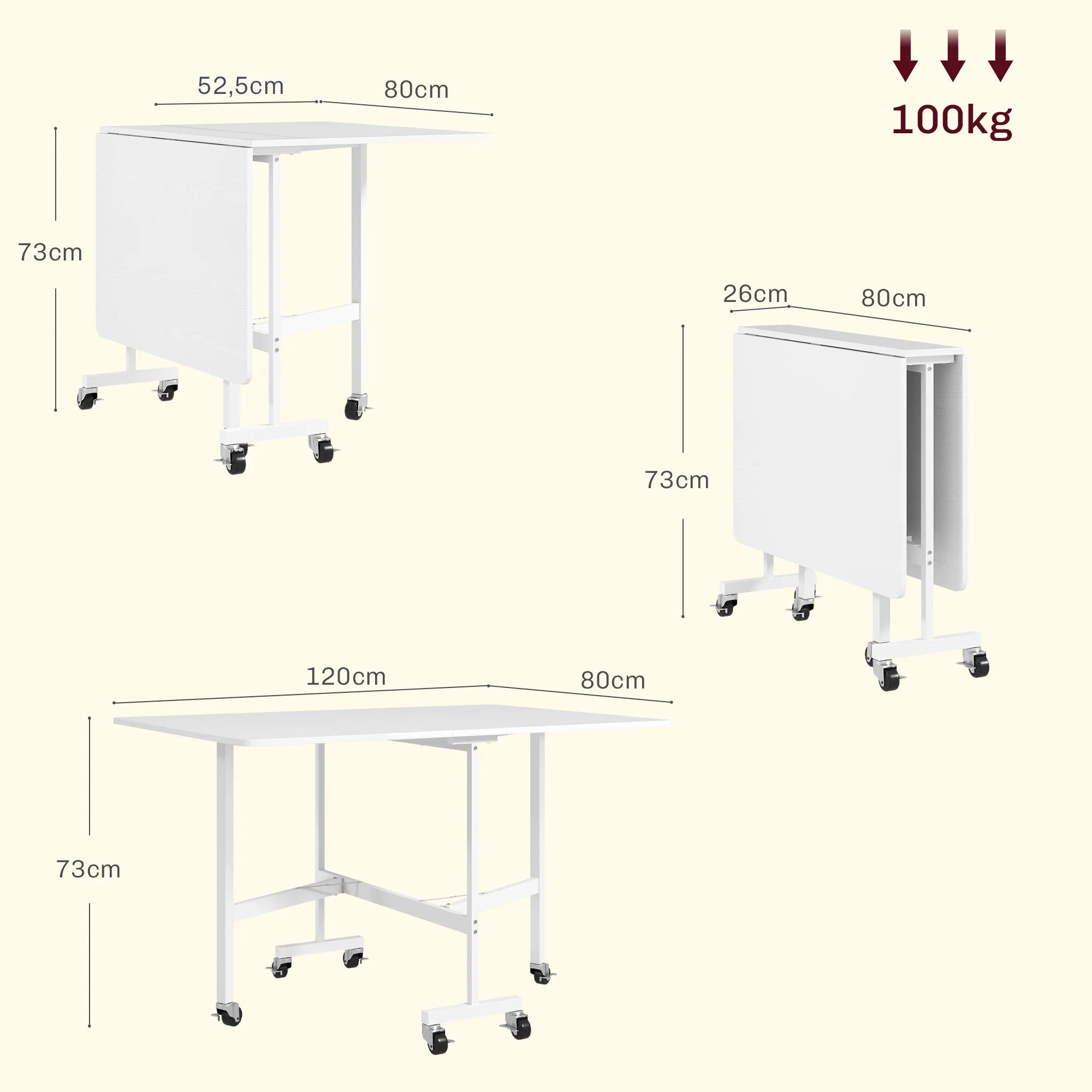 Table a manger rectangle blanche pliante avec roulettes