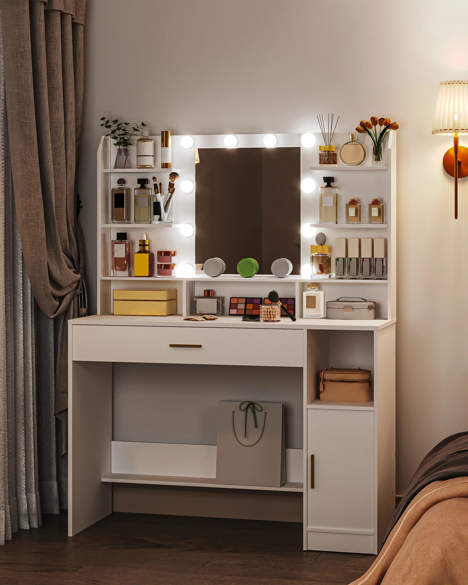 Coiffeuse moderne avec miroir LED en bois blanc