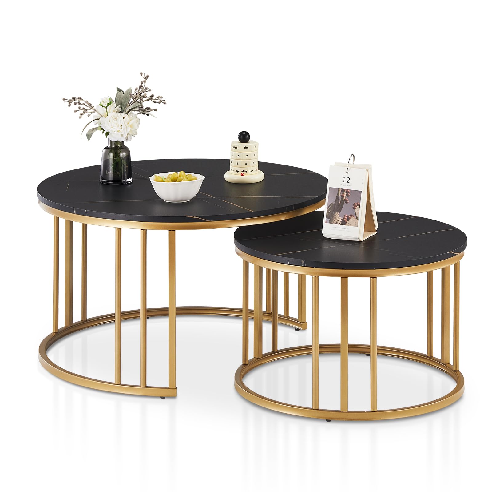 Table basse rond avec Effet marbre empilable en Structure en métal doré