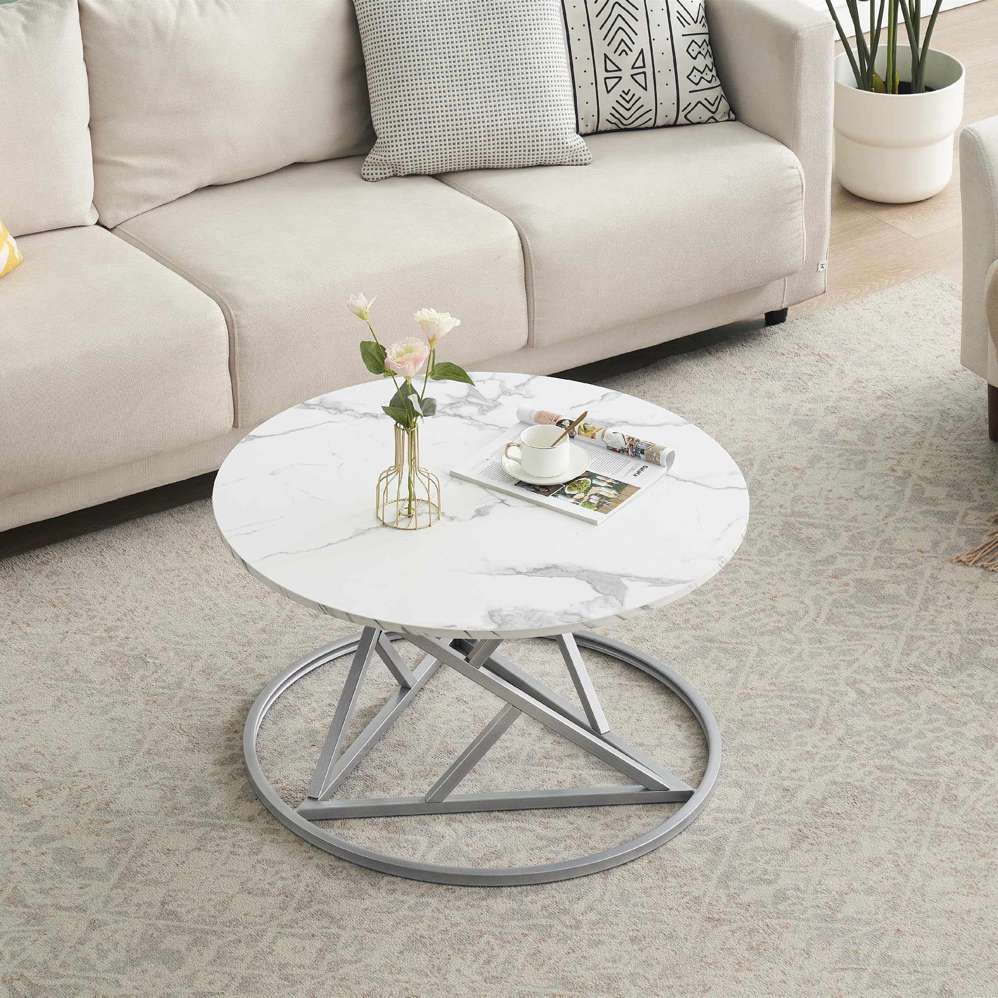 Table basse ronde design en Effet Faux Marbre Noir et Or