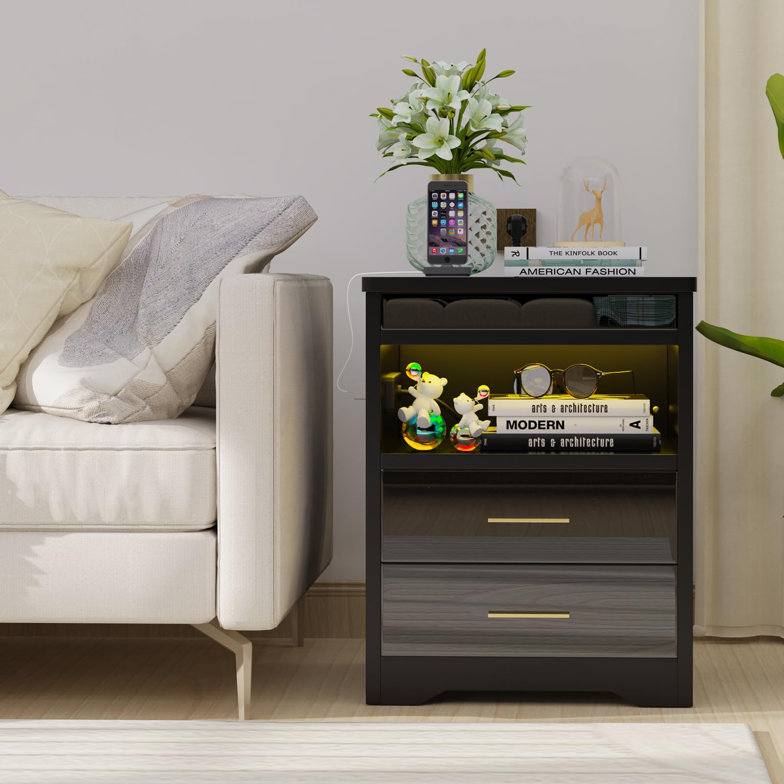 Table de chevet bois avec éclairage LED 