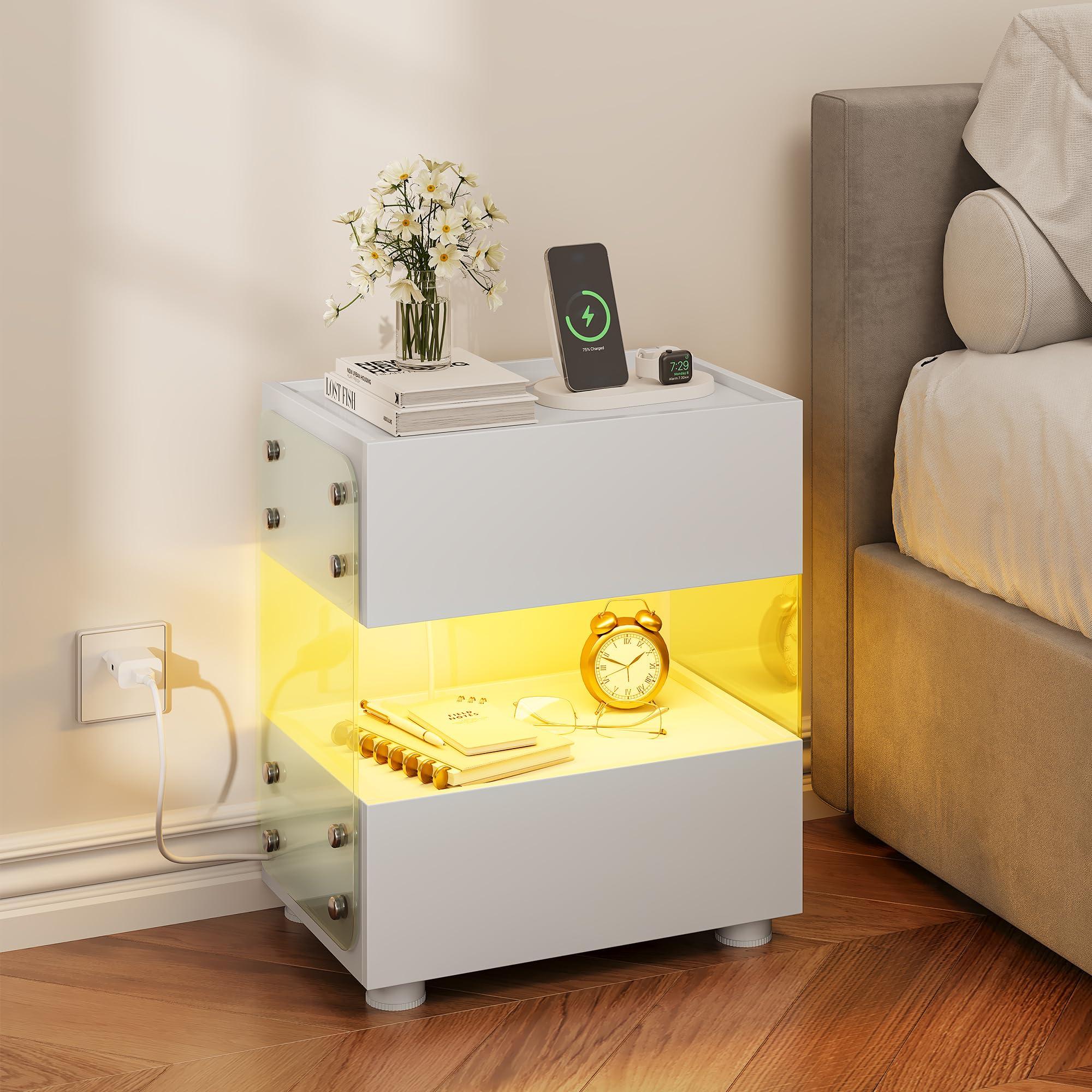 Table de chevet design à 2 Tiroirs avec Barre Lumineuse LED