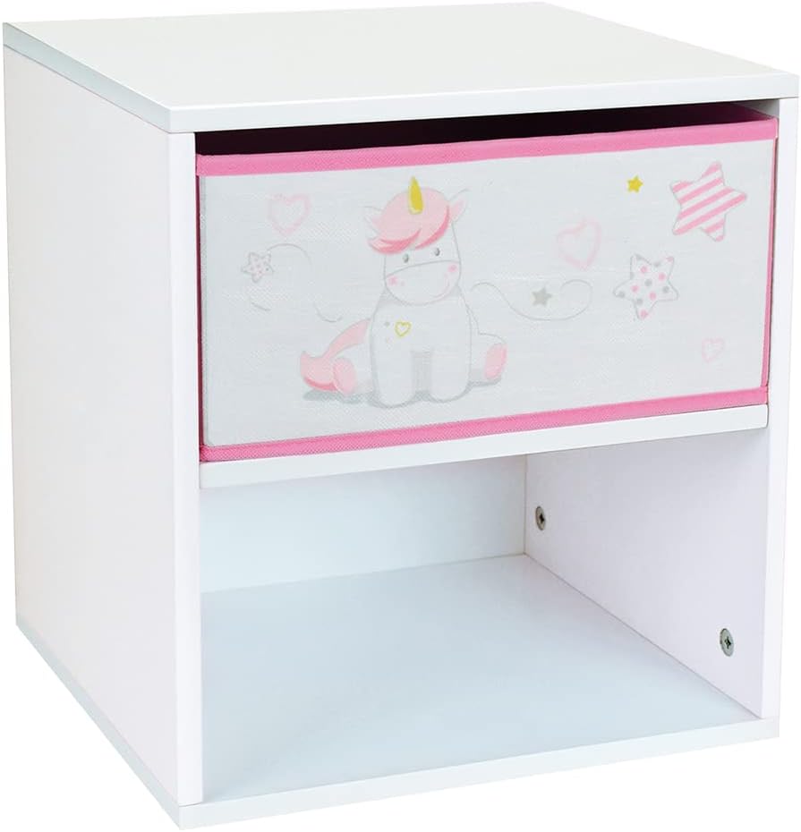 Table de chevet rectangle Licorne avec tiroir  pour Enfant, Blanc/Rose